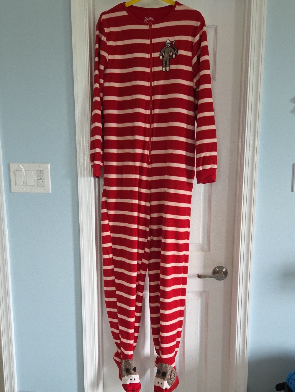 Nick & Nora Adult Red and White Striped Footed One-Piece Pajama